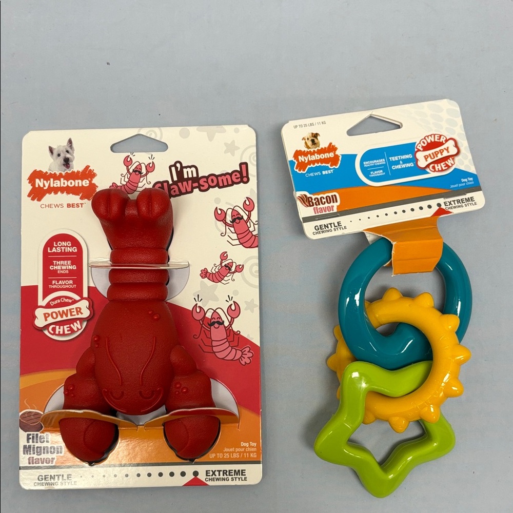 Lot 2 NEW Nylabone Extreme Chewing I'M CLAWSOME Lobster & TEETHING RINGS Dog Toy